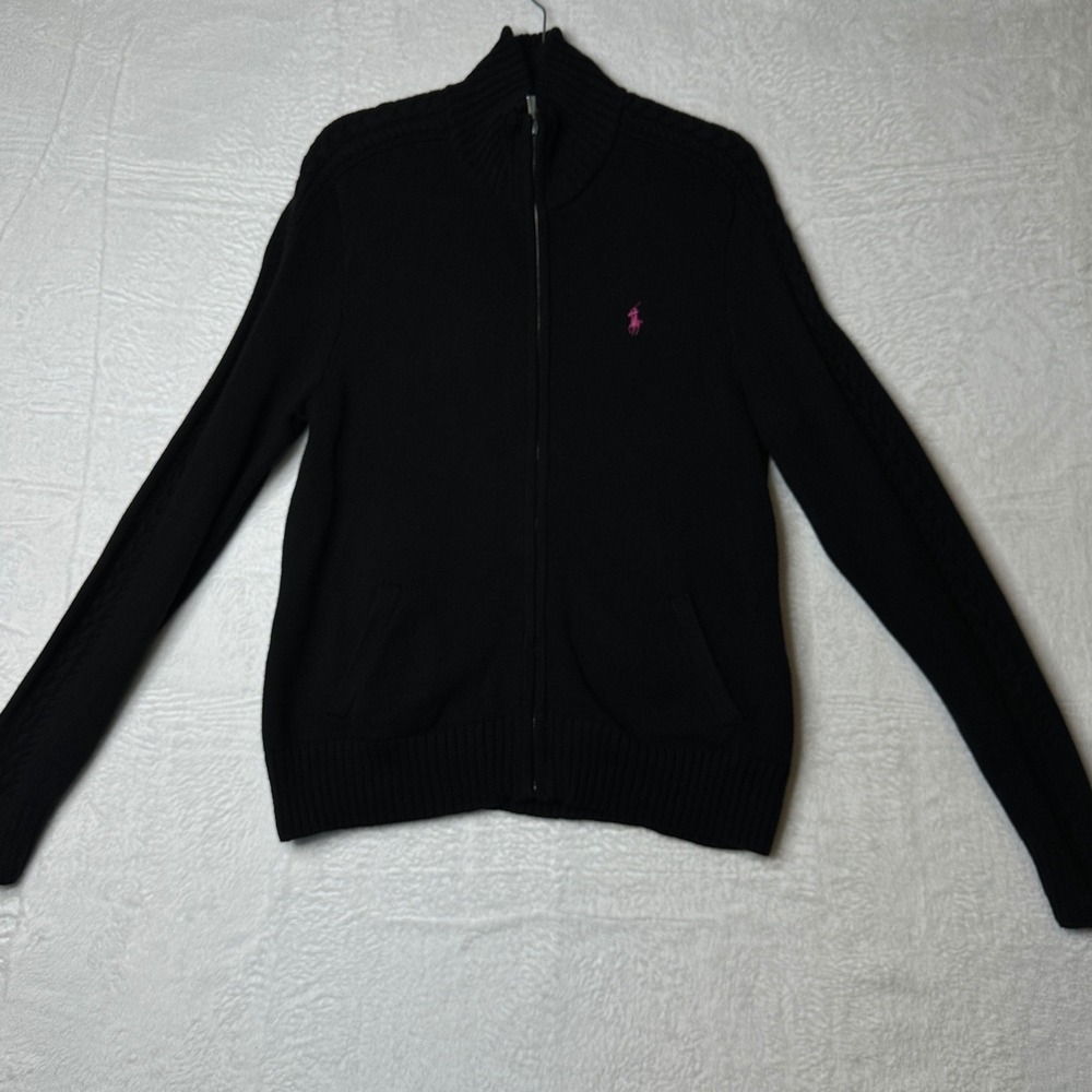 Ralph Lauren Sport Black Full Zip Cable Knit Cotton Sweater Pink Pony Womens XL